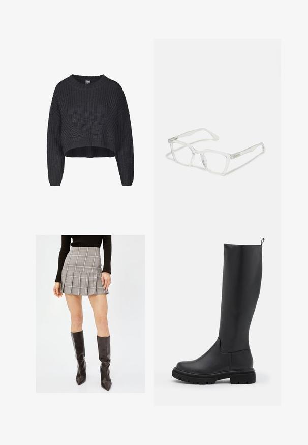 Skrócony czarny sweter z dzianiny, charakteryzujący się teksturowanym materiałem, okrągłym dekoltem i luźnymi długimi rękawami.; Szara mini spódniczka w kratkę z plisami, z pionowymi i poziomymi liniami w kolorze czarnym, białym i czerwonym. Połączona z czarnymi, wysokimi botkami.; Czarne kozaki do kolan wykonane z gładkiego, matowego materiału, z masywną podeszwą, zaokrąglonym noskiem i pętelką na górze ułatwiającą zakładanie.; Przezroczyste, prostokątne okulary przeciwsłoneczne z przezroczystymi oprawkami i prostymi zausznikami. Zawierają subtelne detale na skroniach. Lekka konstrukcja.; Czarna skórzana torba hobo o miękkim, zaokrąglonym kształcie. Ma szeroki uchwyt na górze i zgromadzenia u podstawy, co nadaje jej luźny wygląd.