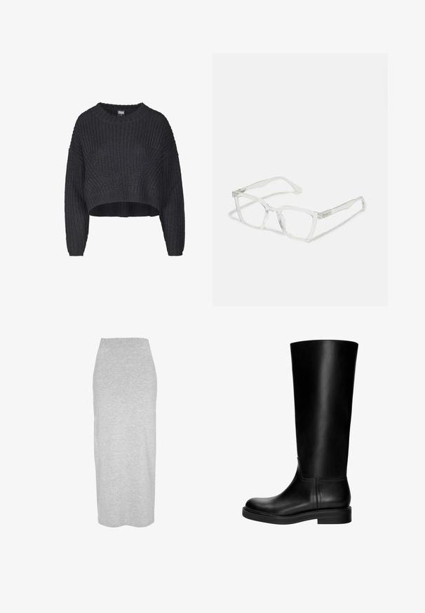 Cropped black knitted sweater featuring a textured fabric, round neckline, and loose-fitting long sleeves.; Grey midi skirt made of soft cotton blend. Features a solid color, fitted design, and a simple, clean silhouette without embellishments.; Black leather knee-high boot with a smooth texture, rounded toe, understated design, and a low block heel. No visible hardware or patterns.; Clear rectangular eyeglasses with transparent frames and straight arms. Features subtle detailing on the temples. Lightweight design.; Black leather hobo bag with a soft, curved shape. Features a wide top handle and gathers at the base for a slouchy texture.