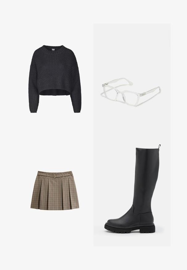 Maglione nero a maglia tagliato, caratterizzato da un tessuto testurizzato, scollo rotondo e maniche lunghe oversize.; New Look CHECK BELTED BOX PLEAT MINI - Gonna a pieghe - brown pattern; Stivale nero al ginocchio in materiale liscio e opaco, con suola spessa, punta rotonda e un manico nella parte superiore per una facile vestibilità.; Occhiali da vista rettangolari chiari con montatura trasparente e stanghette dritte. Presentano dettagli sottili sulle tempie. Design leggero.; Borsa hobo in pelle nera con una forma morbida e curvata. Presenta un ampio manico superiore e pieghe alla base per una texture morbida.