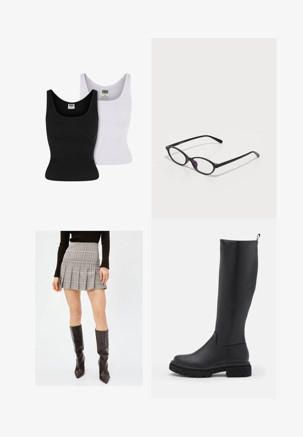 Skrócony czarny sweter z dzianiny, charakteryzujący się teksturowanym materiałem, okrągłym dekoltem i luźnymi długimi rękawami.; Dwie koszulki na ramiączkach: jedna czarna, a druga biała. Obie mają ribbowaną teksturę i okrągły dekolt. Metki wewnątrz wskazują markę i rozmiar.; Szara mini spódniczka w kratkę z plisami, z pionowymi i poziomymi liniami w kolorze czarnym, białym i czerwonym. Połączona z czarnymi, wysokimi botkami.; Czarne kozaki do kolan wykonane z gładkiego, matowego materiału, z masywną podeszwą, zaokrąglonym noskiem i pętelką na górze ułatwiającą zakładanie.; Czarne plastikowe okulary w owalnym kształcie, z przezroczystymi soczewkami i jednym fioletowym akcentem na lewym szkle. Elegancki, minimalistyczny design.; Czarna skórzana torba hobo o miękkim, zaokrąglonym kształcie. Ma szeroki uchwyt na górze i zgromadzenia u podstawy, co nadaje jej luźny wygląd.