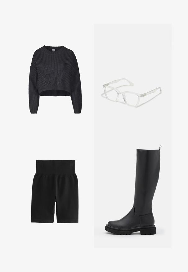 Zastrihnutý čierny pletený sveter s textúrovanou tkaninou, okrúhlym výstrihom a voľne padnouce dlhé rukávy.; Čierne rebrované šortky s širokým elastickým pásom, hladkou textúrou a priliehavým strihom. Materiál je elastický, čo umožňuje ľahký pohyb.; Čierne vysoké čižmy s hladkým matným povrchom, masívnou podrážkou, zaoblenou špičkou a sú s pútkom na vrchu pre jednoduché obúvanie.; Priehľadné obdĺžnikové dioptrické okuliare s transparentným rámom a rovnými ramenami. Majú jemné detaily na spánkoch. Ľahký dizajn.; Čierna kožená hobo taška s mäkkým, zakriveným tvarom. Má široké vrchné uško a nariasenie na spodnej časti, čo vytvára voľný vzhľad.