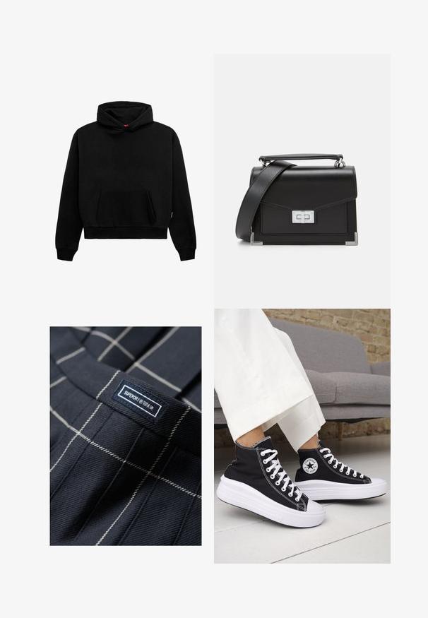 Czarna bluza z kapturem wykonana z mieszanki bawełny. Posiada przednią kieszeń, ściągacze przy mankietach i u dołu, oraz luźny krótki krój. Gładka faktura.; Granatowe spodnie w kratę z białymi liniami, z przyszytą metką z napisem "SUPERDRY". Tekstura tkaniny jest gładka i solidna.; Czarne trampki typu high-top z białą gumową podeszwą i sznurówkami. Posiadają okrągłą naszywkę z logo oraz kontrastujące białe przeszycia. Wykonane z materiału płóciennego.; Czarna skórzana torebka z srebnymi detalami, o strukturalnym designie, z magnetycznym zapięciem i odpinanym paskiem na ramię. Teksturowane akcenty na rogach.