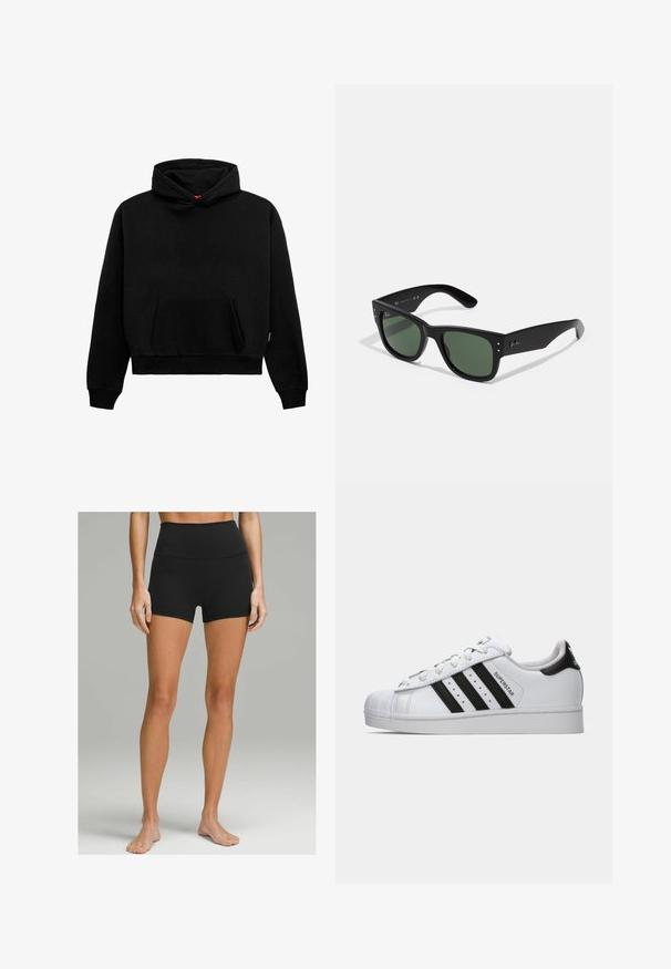 Musta hupparimekko, joka on valmistettu puuvillasekoitteesta. Siinä on etutasku, ribbitillä varustetut hihansuut ja helma, sekä rento, lyhennetty istuvuus. Suht tasaista tekstuuria.; Mustat korkeat shortsit, jotka on valmistettu joustavasta kankaasta. Niissä on sileä pinta, tiukka muotoilu ja polvipituus. Ei näkyviä yksityiskohtia.; Valkoiset Adidas Superstar -lenkkarit mustilla raidoilla, kuorikärjellä ja "Superstar" -tekstillä sivussa, esitettynä vasemmasta profiilista valkoista taustaa vasten.; Mustat suorakulmaiset aurinkolasit vihreillä linsseillä, mattapinta, hienovaraiset metalliosat ja kohokuvioitu logo sankassa.