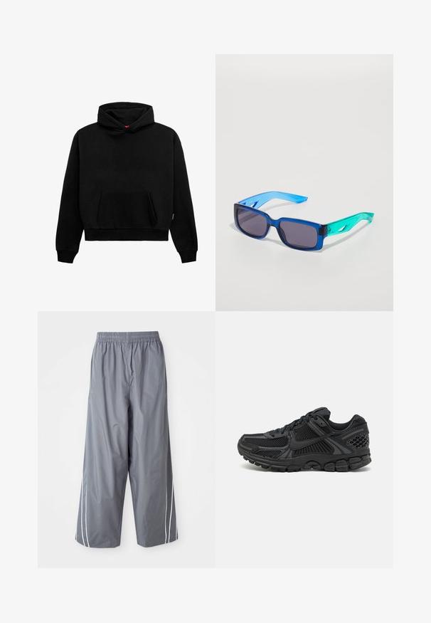 Crna dukserica s kapuljačom, izrađena od mješavine pamuka. Ima prednji džep, rebraste manžete i rub, te opušteni skraćeni kroj. Glatka tekstura.; Sivi, lagani, sintetički hlače širokih nogavica s elastičnom gumom u struku i bijelim bočnim prugama. Glatka tekstura s ležernim dizajnom.; Crne atletske cipele s gornjištem od mrežice, gumenim potplatom i teksturiranim detaljima. Dizajn uključuje izražen sustav vezivanja i podstavljen potplat.; Plave i zelene naočale sa pravokurnim lećama; prozirni okviri; teksturirane plave ručke; tamne leće; uočljiv brend s strane.
