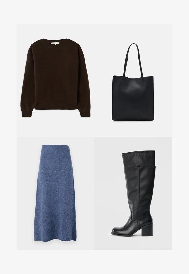 Tmavo hnedý pletený sveter s okrúhlym výstrihom, rebrovaným lemom a dlhými rukávmi. Mäkka textúra s voľným strihom.; Vlnená sukňa v jemnej modrej farbe s rovnou siluetou a textúrovanou, chlpatou tkaninou. Spodný lem je jemne zaoblený.; Čierne kožené čižmy po kolená s blokovým opätkom, hladkou textúrou a detailami šitia po stranách. Jednoduchý a moderný dizajn.; Čierna kožená taška na rameno s hladkým povrchom, obdĺžnikovým tvarom a dvoma dlhými uchami. Bez viditeľného kovania alebo ozdôb.