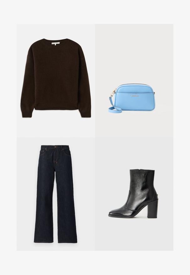 Pulover tricotat de culoare maro închis, cu guler rotund, tiv cu nervuri și mâneci lungi. Textură moale și design cu o croială lejeră.; Jeans largi de culoare albastru închis, confecționați din denim, cu cusături portocalii, două buzunare frontale și închidere cu buton la talie.; Botină din piele neagră, cu o textură netedă, vârf ascuțit și toc gros, înalt. Dispune de o deschidere laterală și un design minimalist.; Geantă de umăr din piele albastru deschis, cu accente aurii, închidere cu fermoar și un buzunar frontal. Dispune de o curea ajustabilă pentru confort.