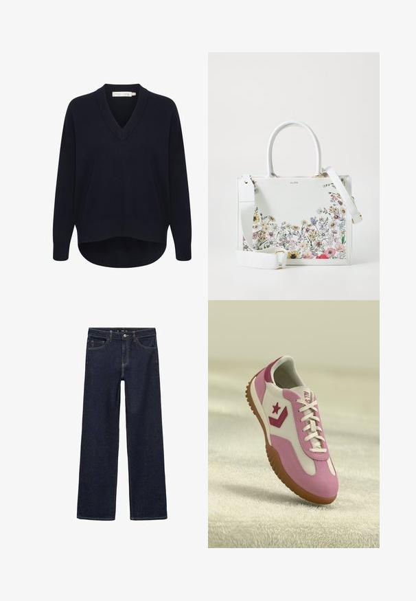 Námornícky modrý sveter s výstrihom do V s dlhými rukávmi, vo voľnom strihu a s oblým lemom. Vyrobený z mäkkej, štruktúrovanej tkaniny, s minimom označení.; Súprava dvoch dlhých rukávov v bielej a čiernej farbe. Žebrovaná textúra, okrúhly výstrih, priliehavý strih s mierne rozšírenými rukávmi.; Tmavé džínsy s voľným strihom. Majú vysoký pás, päť vreciek a kontrastné švy. Priamy strih, bez zdobenia.; Ružové a biele tenisky s gumenou, textúrovanou podrážkou. Obsahujú logo hviezdy a kontrastné akcenty. Hladký zvršok s detailmi šnurovania.; Biely umelý kožený kabelka s kvetinovým potlačou na spodnej strane, s dvojitými hornými uchami a nastaviteľným ramenným popruhom.