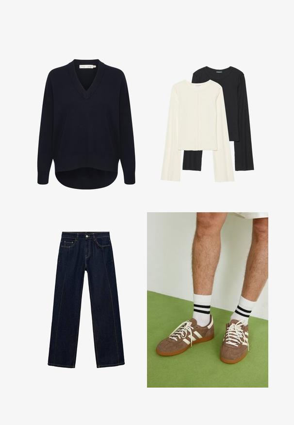 Mornarsko plavi pulover s V-izrezom i dugim rukavima, opuštenog kroja i zakrivljenim rubom. Izrađen od meke, strukturirane tkanine, s minimalnim oznakama.; Set od dvije duge majice s dugim rukavima u bijeloj i crnoj boji. Rebrasta tekstura, okrugli izrez, uski kroj s blago raširenim rukavima.; Tamna plava traper široka traperica s narančastim šavovima, pet džepova, zatvaranje na gumb i patentni zatvarač te ravnog kroja. Bez ukrasa ili uzoraka.; Smeđe nubuk tenisice s bijelim detaljima i vezicama. Gumeni potplat. Nosene s bijelim čarapama s crnim prugama. Zeleno teksturirano pod.