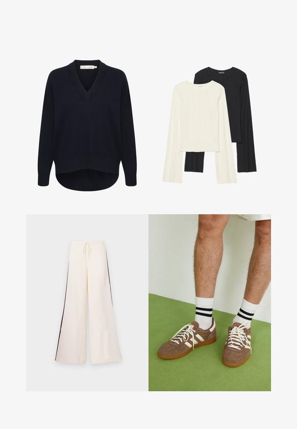 Námornícky modrý sveter s výstrihom do V s dlhými rukávmi, vo voľnom strihu a s oblým lemom. Vyrobený z mäkkej, štruktúrovanej tkaniny, s minimom označení.; Súprava dvoch dlhých rukávov v bielej a čiernej farbe. Žebrovaná textúra, okrúhly výstrih, priliehavý strih s mierne rozšírenými rukávmi.; Krémové široké nohavice vyrobené z hladkej látky, s elastickým pásom na šnúrku a kontrastnými tmavými bočnými pruhmi. Koncipované s plochým predným dielom, bez vreciek.; Hnedé zamatové tenisky s bielymi akcentmi a šnúrkami. Gumová podrážka. Nosené s bielymi ponožkami so čiernymi pruhmi. Zelená textúrovaná podlaha.