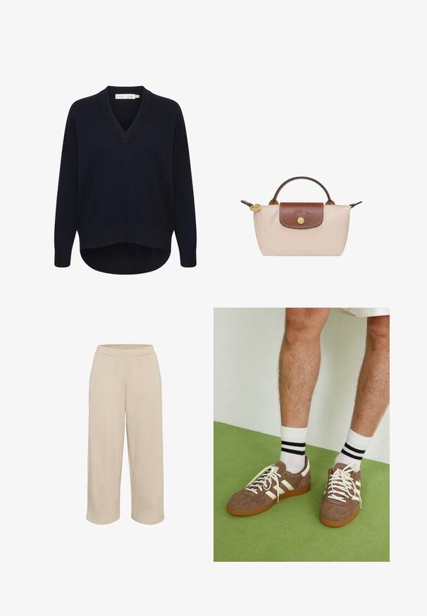 Navy V-neck sweater with long sleeves, a relaxed fit, and a curved hem. Made from soft, textured fabric, featuring minimal labels.; Set of two long-sleeve tops in white and black. Ribbed texture, round neck, fitted design with slightly flared sleeves.; Kaffe CROPPED - Tracksuit bottoms - feather gray; Brown suede sneakers with white accents and laces. Rubber gum sole. Worn with white socks featuring black stripes. Green textured flooring.; Longchamp LE PLIAGE ORIGINAL - Handbag - papier