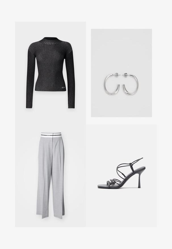 Schwarzer, langärmeliger, gerippter Pullover mit metallischen Fäden, Rundhalsausschnitt, taillierte Silhouette und dezente Logodetails am Saum.; Graue weit geschnittene Hosen mit einer strukturierten Stoffoberfläche, versehen mit einem weißen Bund mit schwarzen Akzenten und zwei vorderen Falten für zusätzliche Details.; Schwarze, hochhackige Sandalen mit dünnen Riemen und einem geknoteten Design, einer glatten, rechteckigen Zehenpartie und einem eleganten Stiletto-Absatz.; Silberne Creolen mit einer glatten, glänzenden Oberfläche. Abgerundete Form, leichtes Design, mit einer Steckverschluss.