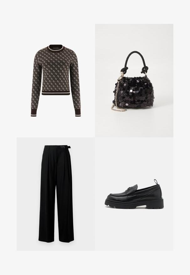 Brun stickad tröja med ett vitt geometriskt mönster, rund halsringning med kontrasterande kant, samt ribbade ärmslut och nederkant.; Svarta byxor med vida ben och hög midja, med veck framtill och ett bälte med spänne. Tillverkade av ett mjukt, lätt tyg.; Svarta läderloafers med rund tå, kraftig plattformssula och ett dekorativt band över framfoten. Texturerad detaljering på ovandelen.; Svart paljett mini-handväska med en knuten texturerad rem och silverkedja. Rund form med samlad topp och reflekterande detaljer.