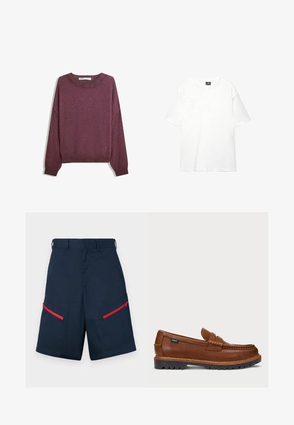 Maglione a coste bordeaux con maniche lunghe, scollatura rotonda e vestibilità rilassata. Tessuto testurizzato con leggere variazioni di colore.; T-shirt bianco oversize realizzato in cotone morbido e liscio; presenta maniche corte, un collo a giro e un design pulito e senza decorazioni.; Pantaloni cargo blu realizzati in tessuto con due tasche con zip e dettagli rossi, vita piatta e cuciture decorative.; Mocassino in pelle marrone con cuciture decorative e punta testurizzata. La suola presenta un design robusto, che offre trazione e durata.