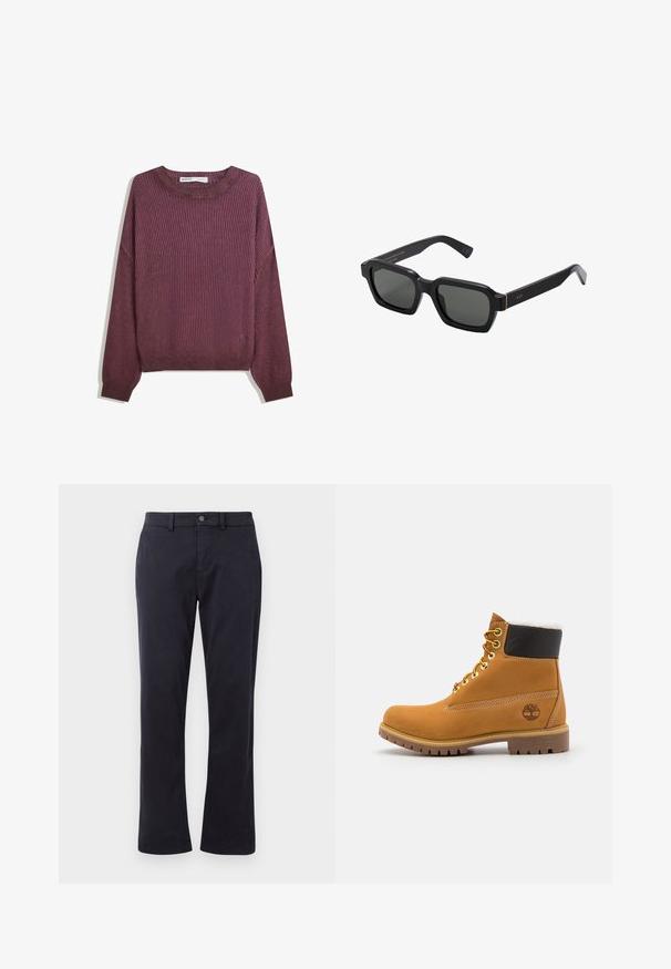 Bordo rebrovaný sveter s dlhými rukávmi, okrúhlym výstrihom a voľným strihom. Štruktúrovaná tkanina s jemnými farebnými variáciami.; Tmavomodré nohavice s rovnými nohavicami, s pútkami na opasok a predným zapínaním na gombík, zobrazené na bielom pozadí.; Hnedé kožené ankle boot s kovovými očkami, bielym kožúškom vo vnútri, čiernym vypolstrovaným golierom, robustnou podrážkou a vyrazeným logom na boku.; Čierne, štvorcové slnečné okuliare so sivými sklami. Hrubé plastové rámy majú zlaté akcenty a branding na spánku. Hladký povrch.