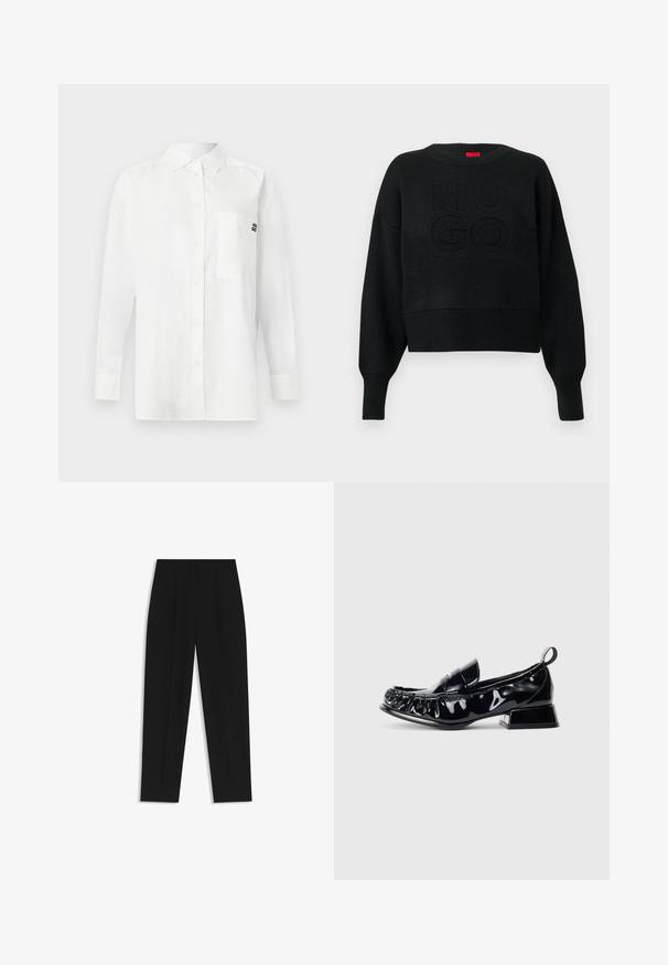 Sort cropped sweater med ribbet tekstur og rund halsudskæring, med et præget "HUGO"-logo på fronten og ribbede ærmeender.; Hvid langærmet skjorte lavet af bomuldsblandingsstof, med en button-down krave, brystlomme og et lille sort logo på brystet.; Sorte bukser med lige pasform, der har dobbelte folder, en glat tekstur og et klassisk taljedesign. Ingen synlige hardware eller accenter.; Sorte patenterede læder loafers med firkantet tå, samlede detaljer, lav blokhæl og strop bagpå på en hvid baggrund.