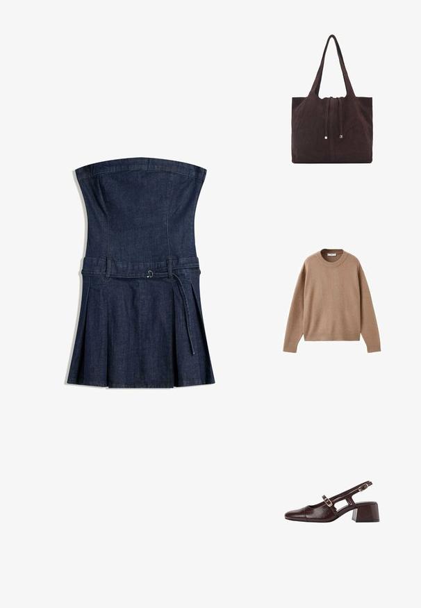 Miękki beżowy sweter z długim rękawem i okrągłym dekoltem, z prążkowanymi mankietami, dolnym obszyciem i dekoltem, wyeksponowany na płasko na białym tle.; Jeansowa sukienka bez ramiączek z dopasowanym topem, rozkloszowanym dołem i paskiem do zawiązania. Charakteryzuje się ciemnoniebieskim kolorem oraz gładką, teksturowaną powierzchnią.; Brązowe skórzane szpilki z odkrytym piętą, kwadratowym noskiem, wyciętymi bokami i słupkowym obcasem. Posiadają klamrę na pasku wokół kostki.; Mango - Torba na zakupy