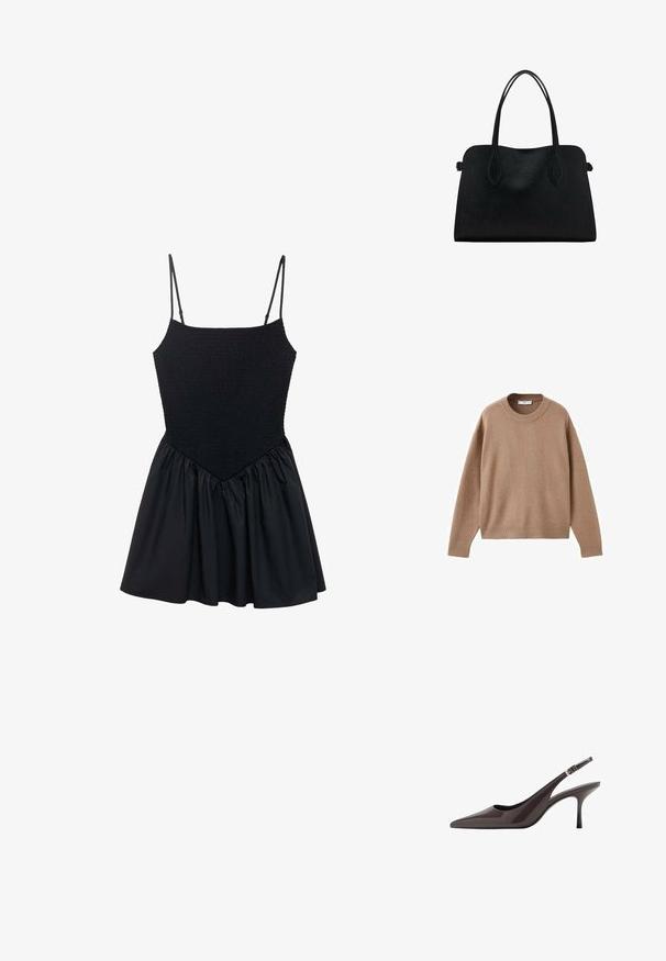 Pulover bej deschis cu mâneci lungi și gât rotund, cu manșete, tiv și guler ribb. Este expus plat pe un fundal alb.; Rochie neagră cu un corp smockat și bretele subțiri ajustabile. Fusta este pliată, creând o formă evazată. Textură netedă pe toată suprafața.; Tocuri cu vârf ascuțit, din piele patent de culoare maro închis, având un toc înalt subțire și o curea ajustabilă pentru gleznă cu cataramă.; Geantă din piele neagră cu două mânere pentru umăr, formă rectangulară și design minimalistic pe un fundal alb.