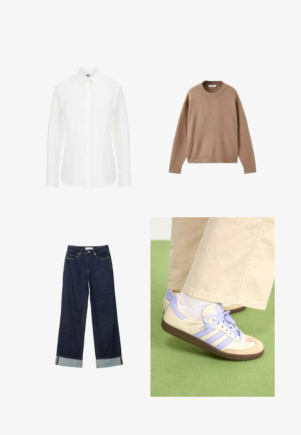 Mäkký béžový sveter s dlhým rukávom a okrúhlym výstrihom, s rebrovými rukávmi, spodným lemom a výstrihom, vystavený položený na bielom pozadí.; Biela košeľa s dlhým rukávom vyrobená z bavlny, s klasickým golierom, prednými gombíkmi a rovnými lemami s mierne zaoblenými okrajmi.; Tmavo modré široké nohavice s vysokým pásom, s manžetami, kontrastným šitím a dizajnom s piatimi vreckami. Vyrobené z denimu.; Krémovo-fialové tenisky so tromi pruhmi a štruktúrovanou hnedou podrážkou, s šnúrkami a polstrovaným opätkom. Mäkký textilný zvršok.