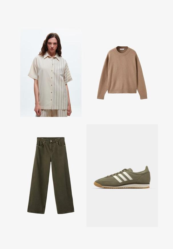 Soft beige long-sleeve crewneck sweater with ribbed cuffs, hem, and neckline, displayed flat on a white background.; adL Button-down blouse - striped beige; Olive green wide-leg jeans made of durable denim with five pockets, silver hardware, and visible stitching along the seams.; Green suede sneaker with mesh panels, three white stripes, and a gum rubber outsole. Features round laces and a low-profile design.