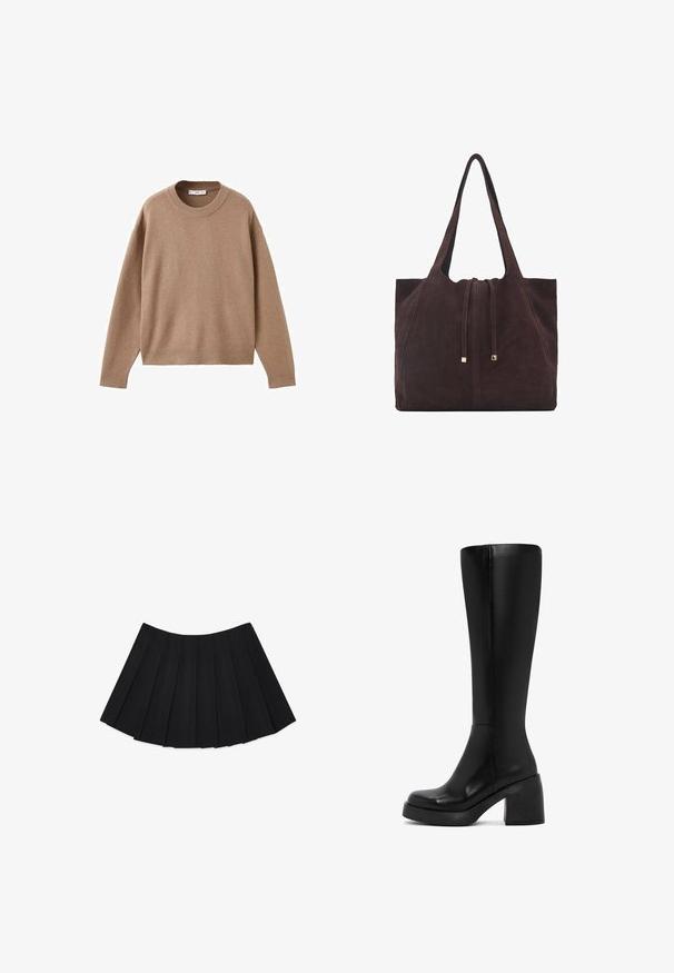 Zachte beige lange mouw crewneck trui met geribbelde manchetten, zoom en halslijn, plat weergegeven op een witte achtergrond.; Zwarte geplooide rok met meerdere verticale plooien, een gladde textuur en een ronde zoomlijn, ontworpen met een verborgen zijrits.; Zwarte kniehoge laars van soepel leer, met een chunky blokhak en ronde neus. Naaddetails lopen langs de zijkant.; Mango Shopper - dark brown