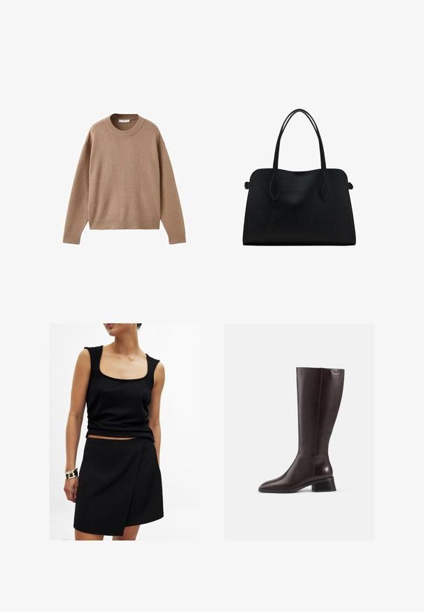 Weicher beiger Langarm-Pullover mit Rundhalsausschnitt, übersichtlich auf einem weißen Hintergrund präsentiert, mit gerippten Bündchen, Saum und Kragen.; Schwarzes ärmelloses Top mit quadratischem Ausschnitt, kombiniert mit einem passenden schwarzen Wickelrock, beide aus glattem Stoff. Goldarmband am Handgelenk.; Knöchelhohe, braune Lederstiefel mit glatter Oberfläche, abgerundeter Spitze und gestapeltem schwarzen Absatz. Schlichtes Design mit minimalen Hardware-Details.; Schwarze Lederhandtasche mit zwei Schulterriemen, rechteckiger Form und minimalistischem Design auf weißem Hintergrund.