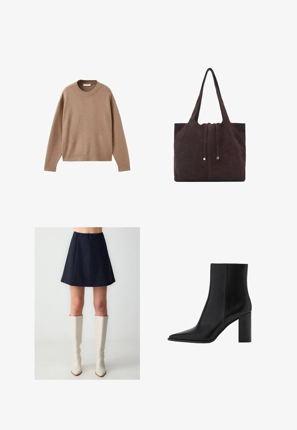 Zachte beige lange mouw crewneck trui met geribbelde manchetten, zoom en halslijn, plat weergegeven op een witte achtergrond.; Marineblauwe A-lijn rok met verticale streepjes, geplooid design en een elastische tailleband. Gecombineerd met glanzende, kniehoge witte laarzen.; Zwarte leren enkellaars met een spitse neus, vierkante hak, een gladde textuur en stikdetails langs de naden. De hakken zijn ongeveer 8,9 cm hoog.; Mango Shopper - dark brown