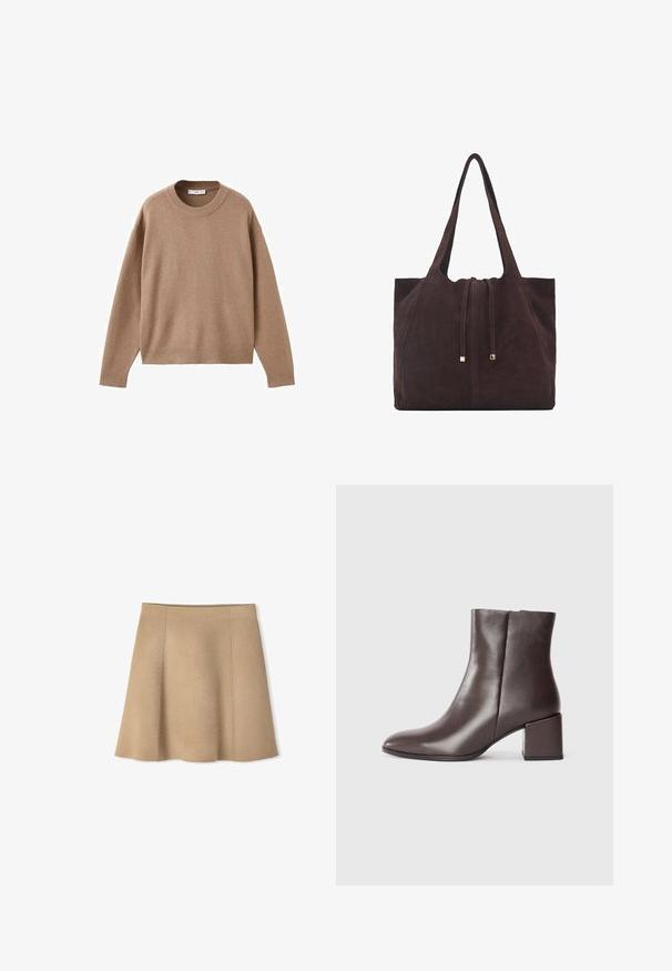 Weicher beiger Langarm-Pullover mit Rundhalsausschnitt, übersichtlich auf einem weißen Hintergrund präsentiert, mit gerippten Bündchen, Saum und Kragen.; Beige Strickrock mit ausgestellter Silhouette, der über vertikale Nähte und eine glatte Textur verfügt. Der Saum endet oberhalb des Oberschenkels.; Braune Leder-Ankle-Boots mit einem eleganten Design, spitzer Zehenform und quadratischem Blockabsatz. Glatte Textur und minimalistisches Profil.; Mango Shopping Bag - dark brown