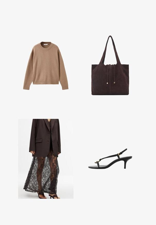 Soft beige long-sleeve crewneck sweater with ribbed cuffs, hem, and neckline, displayed flat on a white background.; Oversized brown blazer over a sheer black lace skirt with floral patterns, pairing with black heeled sandals.; Black leather kitten heel sandal with thin straps, gold buckle, and minimalist toe loop on a white background.; Mango Tote bag - dark brown