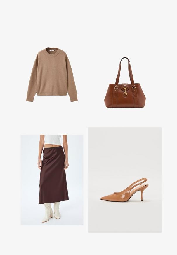 Pull en maille beige doux à manches longues et col rond, avec des poignets, un ourlet et un col côtelés, présenté à plat sur un fond blanc.; Jupe maxi en satin marron avec une texture lisse, dotée d'une taille ajustée. Associée à des bottes blanches hautes jusqu'au genou, créant un look contrasté.; Escarpin à talon slingback à bout pointu en matériau beige lisse et brillant. Présente un design de découpes courbées et un talon aiguille fin. Détail de boucle en argent.; Sac à main en cuir marron avec deux poignées, de forme arrondie, matériel en or et un détail de boucle central. Texture lisse avec des accents cousus.