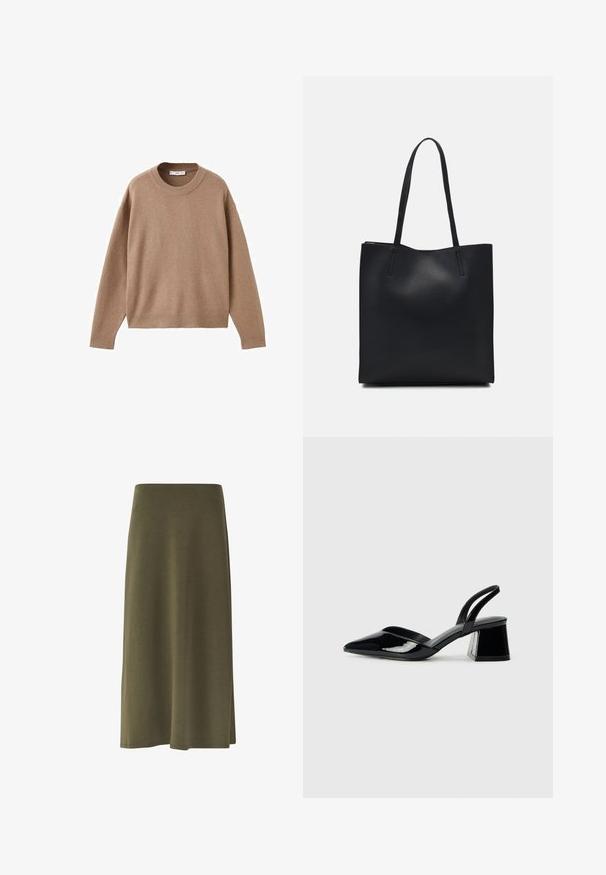 Maglione beige chiaro a maniche lunghe con scollo rotondo, dotato di polsini, orlo e scollatura a coste, presentato piegato su uno sfondo bianco.; Una gonna verde oliva, a lunghezza ginocchio, realizzata in un tessuto morbido, con una texture liscia, un drappeggio sottile e una leggera apertura laterale.; Décolleté in vernice nera con punta affusolata e tacco in geometria cubica. Presentano un design elegante e minimalista, con una texture liscia.; Borsa tote in pelle nera con texture liscia, forma rettangolare e due manici lunghi. Nessun hardware o decorazione visibile.