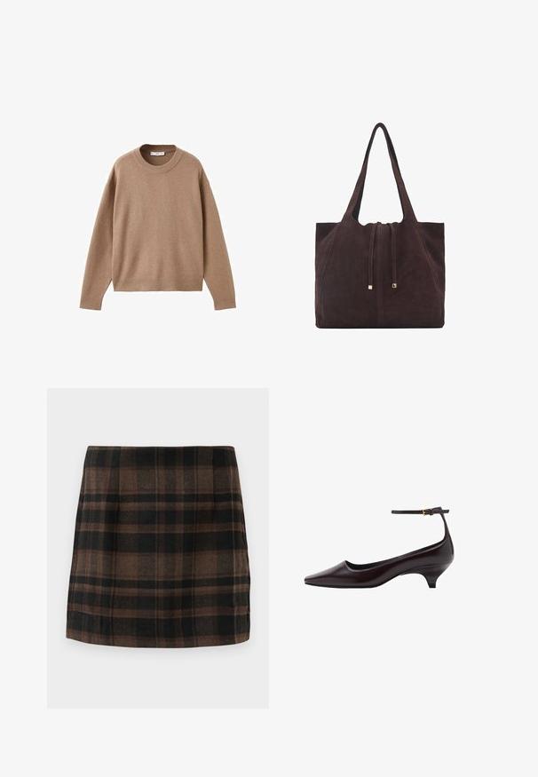 Blød beige langærmet crewneck sweater med ribbede manchetter, kant og krave, præsenteret fladt på en hvid baggrund.; Rutet mini nederdel i brune, sorte og tan farver, lavet af tekstureret stof, med et tætsiddende design og sidesømme for struktur.; Mørkebrune spidse læder kitten heel sko med en tynd ankelrem og en lille guldbeslag.; Mango Shopping bags - dark brown; Gulde-tonede hoops øreringe med en poleret finish, der har et riflet design og en postingslås. Rund, kraftig form.