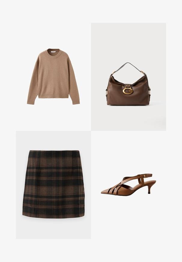 Blød beige langærmet crewneck sweater med ribbede manchetter, kant og krave, præsenteret fladt på en hvid baggrund.; Rutet mini nederdel i brune, sorte og tan farver, lavet af tekstureret stof, med et tætsiddende design og sidesømme for struktur.; Brune læder slingback høje hæle med spids tå, der har flere krydsende stropper og en lille hæl, sikret med en sidestrop.; Brun lædertaske med struktureret finish, der har en guldfarvet lås og en enkelt, buet skulderrem.