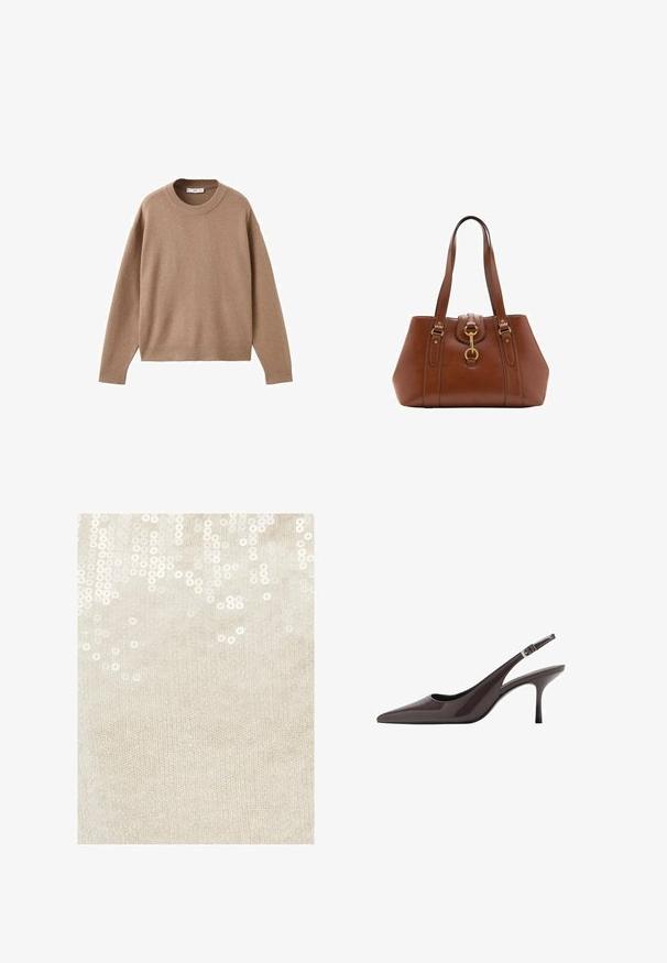Pulover bej deschis cu mâneci lungi și gât rotund, cu manșete, tiv și guler ribb. Este expus plat pe un fundal alb.; Țesătură tricotată bej cu paiete albe dispersate, creând un model texturat. Paietele reflectă lumina, adăugând un aspect subtil strălucitor.; Tocuri cu vârf ascuțit, din piele patent de culoare maro închis, având un toc înalt subțire și o curea ajustabilă pentru gleznă cu cataramă.; Geantă de mână din piele maro, cu curele duble, formă rotundă, accesorii din aur și un detaliu central cu cataramă. Textură netedă cu accente cusute.