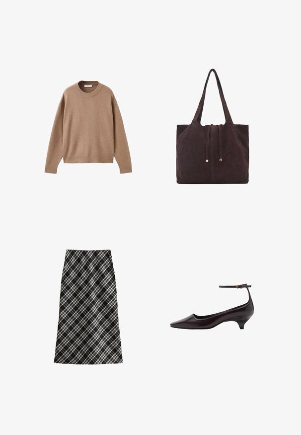 Mjuk beige långärmad tröja med rund halsringning, med ribbade muddar, fåll och halsringning, uppvisad liggandes på en vit bakgrund.; Svart och vit rutiga kjol, medellång, A-linjär silhuett, texturerad tyg, med korsande linjer och geometriska mönster genom hela.; Mörkbrun spetsig läderkattklackssko med en tunn ankelrem och en liten guldkopp.; Mango Shoppingväska - dark brown