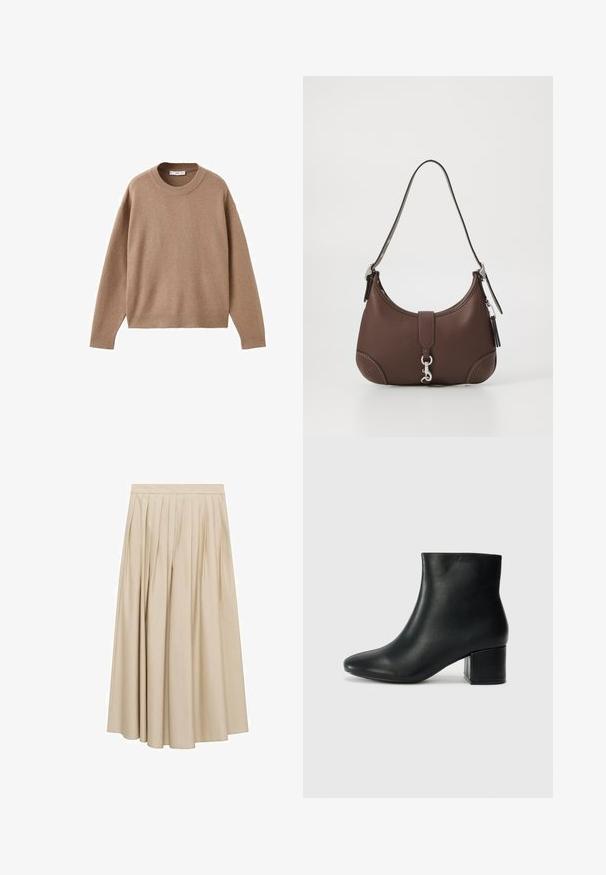 Soft beige long-sleeve crewneck sweater with ribbed cuffs, hem, and neckline, displayed flat on a white background.; Pleated midi skirt in beige fabric with a smooth texture and wide hem. Simple waistband with vertical pleats providing volume.; Black leather ankle boots with a pointed toe and a chunky heel. Smooth texture with minimal accents and a sleek, fitted design.; Brown leather handbag with a rounded shape, silver hardware, and decorative stitching. Features a shoulder strap and clasp closure.
