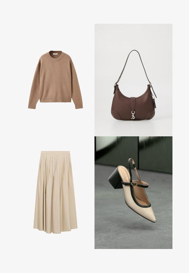 Blød beige langærmet crewneck sweater med ribbede manchetter, kant og krave, præsenteret fladt på en hvid baggrund.; Plisseret midiskørt i beige stof med en glat tekstur og bred kant. Enkel talje med lodrette plisseringer, der giver volumen.; Beige spids tå slingback sko med sort kant, guld spænde og en chunky blokhæl på grå gulv med mørkegrøn baggrund.; Brun læderhåndtaske med en rund form, sølv hardware og dekorativt syning. Har skulderrem og spændeåbning.