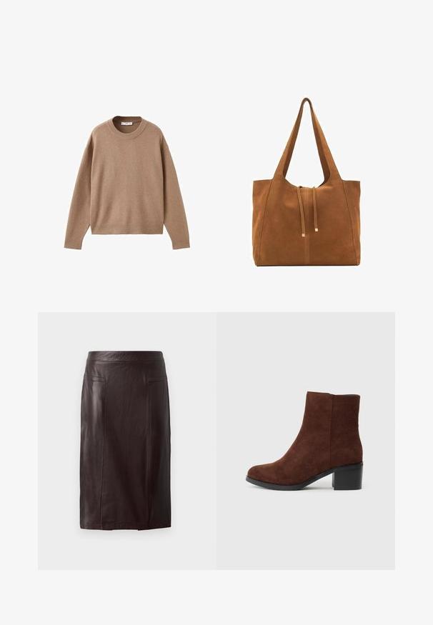 Mäkký béžový sveter s dlhým rukávom a okrúhlym výstrihom, s rebrovými rukávmi, spodným lemom a výstrihom, vystavený položený na bielom pozadí.; Hnedá kožená ceruzková sukňa s hladkou textúrou, so zvýšeným pásom, dvoma prednými vreckami a dĺžkou po kolená.; Hnedé semišové členkové topánky s okrúhlym špičkou, čiernym blokovým pätním a hladkým povrchom, s bočným zipsom pre jednoduché obúvanie.; Hnedá semišová taška cez rameno s dvoma dlhými popruhmi, sťahovacou šnúrkou a minimalistickým dizajnom. Hladký povrch a žiadne viditeľné kovové doplnky.