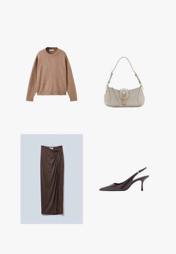 Mehak bež dolg rokav pulover s krožnim izrezom, z rebrastimi manžetami, obrobo in izrezom, prikazan na beeli podlagi.; Rjava, krila do kolen, izdelana iz mehke, drapirane tkanine. Ima podrobnost v obliki zavitka na pasu in gladko teksturo.; Svetle črne slingback pete s pointed toe v temno rjavi lakirani usnjeni obliki, ki vključujejo vitko visoko peto in nastavljiv gleženjski trak z zaponko.; Svetlo siva usnjena torbica s ukrivljeno obliko, zlato kovinsko dodatki, sprednji sponka in šivani detajli. Vključena nastavljiva naramnica.