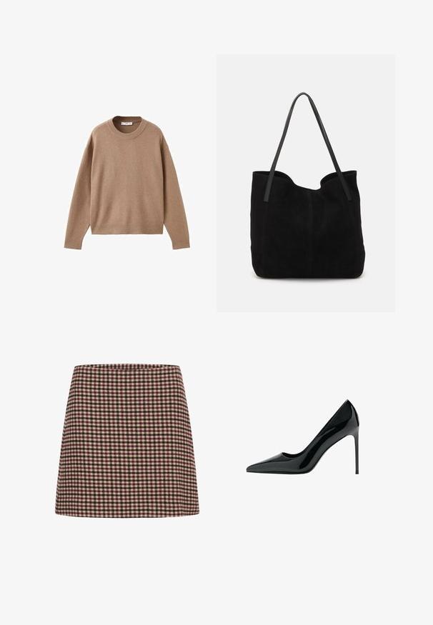 Soft beige long-sleeve crewneck sweater with ribbed cuffs, hem, and neckline, displayed flat on a white background.; A red and cream checked mini skirt with a straight silhouette and textured fabric. No visible fastenings or embellishments.; Black patent leather stiletto heel pump with a pointed toe and smooth, shiny texture; tall, slender heel; minimalistic design.; Black suede tote bag with two long, flat leather straps. Features a curved top edge and visible stitching along the front. No hardware accents.