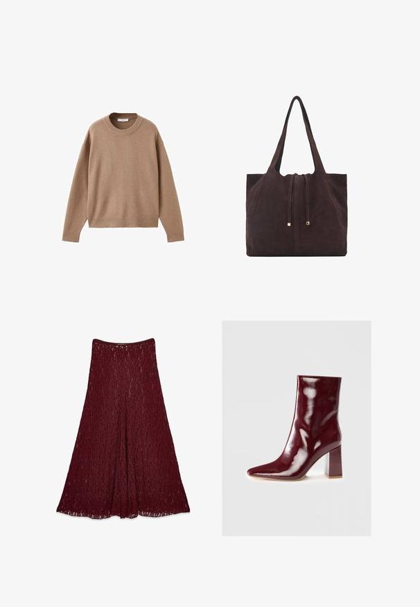 Soft beige long-sleeve crewneck sweater with ribbed cuffs, hem, and neckline, displayed flat on a white background.; Long burgundy lace skirt with an A-line silhouette and semi-transparent floral pattern.; Burgundy patent leather ankle boot with a pointed toe and a block heel featuring a transparent accent. Smooth texture and glossy finish.; Mango Tote bag - dark brown