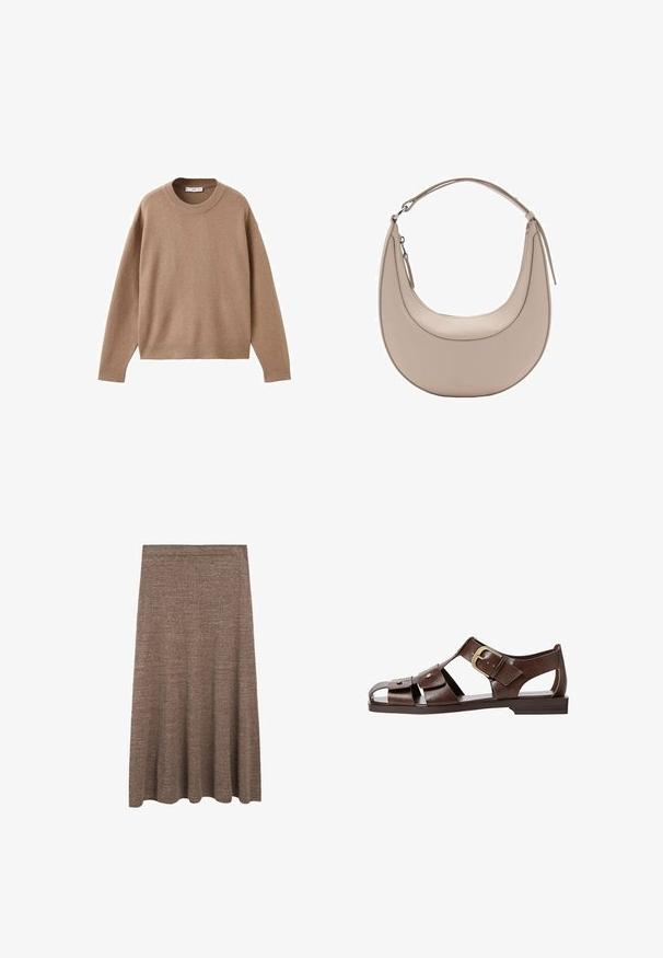 Měkký béžový svetr s dlouhým rukávem a kulatým výstřihem, ribovanými manžetami, lemem a výstřihem, vyložený na bílém pozadí.; Hnědá pletená midi sukně s rozšířeným střihem, která má hladký elastický pas a jemnou strukturu po celém povrchu.; Hnědé kožené sandály s výřezovým designem, nastavitelnou boční sponou a plochou podrážkou, s kovovými detaily a otevřenou špičkou.; Světle béžová kožená kabelka přes rameno s půlměsíčovým tvarem, hladkým povrchem a jedním zakřiveným uchopem. Obsahuje zipový uzávěr a upravené švy.