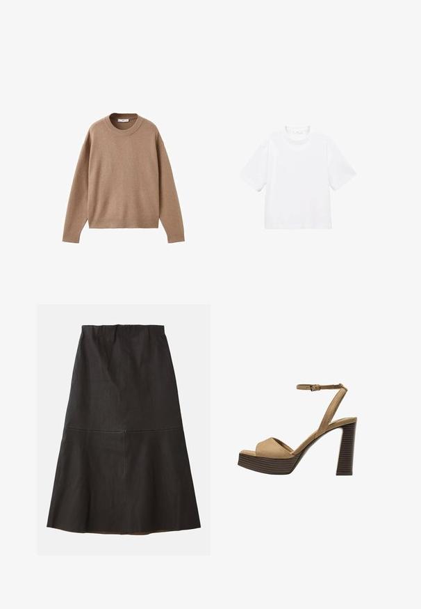 Mäkký béžový sveter s dlhým rukávom a okrúhlym výstrihom, s rebrovými rukávmi, spodným lemom a výstrihom, vystavený položený na bielom pozadí.; Biely bavlnený tričko s krátkym rukávom a okrúhlym výstrihom. Jednoduchý dizajn, voľný strih, hladká textúra. Žiadne vzory ani akcenty nie sú viditeľné.; Čierna, sukňa A-líniová po kolená vyrobená z hladkej, textúrovanej tkaniny. Má stredne vysoký pás a jemný detail švu.; Bežové semišové sandále na vysokom opätku s širokým predným pásom a pásikom okolo členka, ktoré majú masívny drevený blokový opätok s textúrovaným povrchom.