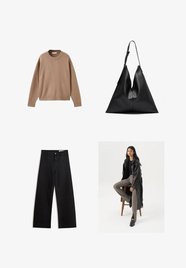 Zachte beige lange mouw crewneck trui met geribbelde manchetten, zoom en halslijn, plat weergegeven op een witte achtergrond.; Witte t-shirt met korte mouwen van zachte katoen, met een ronde halslijn en een ontspannen pasvorm met rechte zoom, eenvoudig zonder patronen of graphics.; Zwarte denim broek met wijde pijpen en een hoge taille, voorzien van voor- en achterzakken, gestikte naden en een knoopsluiting. Gladde textuur.; Zwarte leren trenchcoat met knopen en riemdetails, gecombineerd met lichtbruine getailleerde broek en zwarte loafers, zittend op een houten kruk.; Zwarte leren driehoekige handtas met een enkele verstelbare schouderriem en een zachte, iets slappe structuur.
