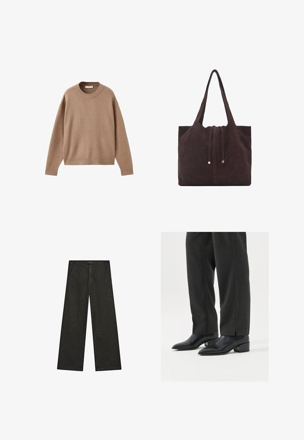 Měkký béžový svetr s dlouhým rukávem a kulatým výstřihem, ribovanými manžetami, lemem a výstřihem, vyložený na bílém pozadí.; Široké černé džíny s středním pasem, dvěma předními kapsami a čistým, minimalistickým designem bez viditelných ozdob.; Černé kožené kotníkové boty se špičatou špičkou a nízkým blokovým podpatkem, spojené s tmavými pruhovanými kalhotami, které mírně zakrývají horní část bot.; Mango Velká kabelka - dark brown