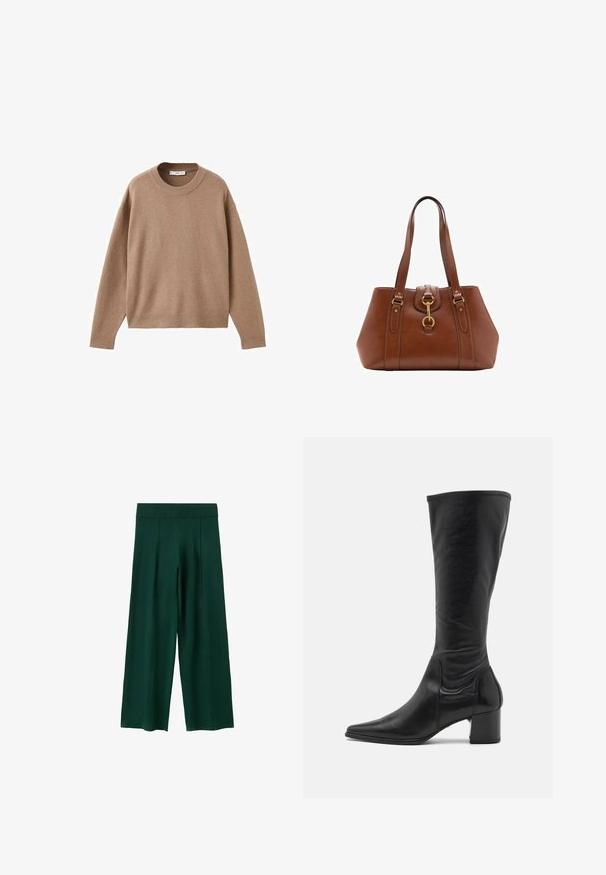 Miękki beżowy sweter z długim rękawem i okrągłym dekoltem, z prążkowanymi mankietami, dolnym obszyciem i dekoltem, wyeksponowany na płasko na białym tle.; Ciemnozielone spodnie o szerokich nogawkach wykonane z miękkiego materiału. Posiadają prążkowany pas, fałdy z przodu oraz gładką teksturę.; Czarne skórzane botki do kolan z wąskim czubkiem, minimalną ilością szwów i masywnym kwadratowym obcasem. Gładka faktura z błyszczącym wykończeniem.; Brązowa skórzana torebka z podwójnymi uchwytami, okrągłym kształtem, złotymi okuciem i centralnym detalem z klamrą. Gładka tekstura z haftowanymi akcentami.