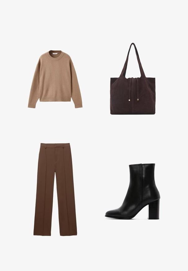 Maglione beige chiaro a maniche lunghe con scollo rotondo, dotato di polsini, orlo e scollatura a coste, presentato piegato su uno sfondo bianco.; Pantaloni marroni a gamba larga realizzati in tessuto liscio; presentano pieghe frontali foderate e una vita piatta con passanti per cintura.; Stivale alla caviglia in pelle nera con punta affilata e tacco quadrato spesso. Presenta una texture liscia e dettagli di cucitura minimi.; Mango Shopping bag - dark brown