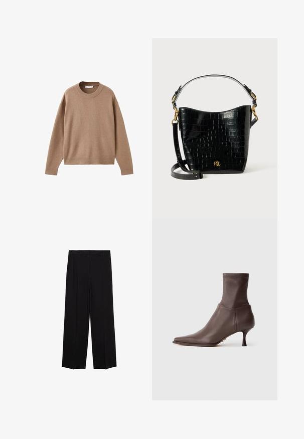 Pehmeä beige pitkähihainen pyöreäkauluksinen villapaita, jossa on ribbireunat manseteissa, helmassa ja kaula-aukoossa, esitetty tasaisena valkoista taustaa vasten.; Mustat leveät housut, joissa on sileä kangas, etuosassa laskokset ja sivutaskut, suunniteltu suoralla, rentolla leikkauksella.; Musta nahkainen nilkkuri, jossa on terävä kärki ja kapea keskipituinen korko valkoisella taustalla.; Musta krokotiilinjäljitelmästä valmistettu laukku, jossa on kaareva muoto, kultaiset yksityiskohdat, säädettävä olkahihna ja logotiedot edessä.