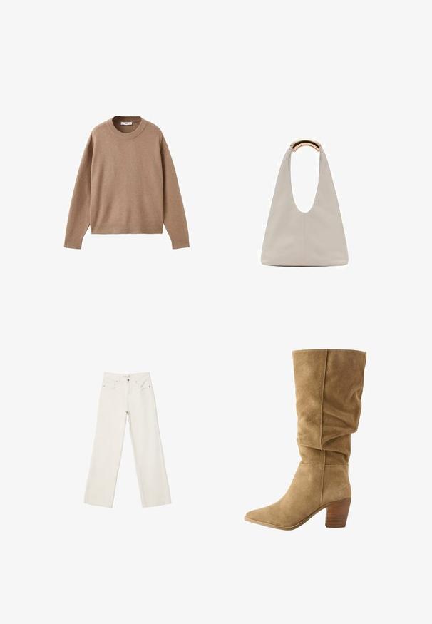 Mäkký béžový sveter s dlhým rukávom a okrúhlym výstrihom, s rebrovými rukávmi, spodným lemom a výstrihom, vystavený položený na bielom pozadí.; Biele široké rifle vyrobené z denimu, s vysokým pásom, prednými vreckami a zapínaním na gombík. Čistý dizajn s minimálnymi akcentmi.; Hnedé semišové vysoké čižmy s uvoľneným dizajnom, špicatou špičkou a zúženým dreveným podpätkom. Mäkká textúra s jasne viditeľným prešitím.; Svetlosivá kožená taška s U-tvarom a zakrivenou kovovou rukoväťou. Hladký povrch s minimálnym prešívaním a bez viditeľných vzorov.