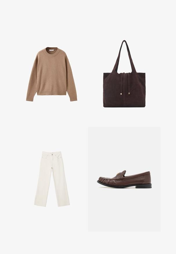 Soft beige long-sleeve crewneck sweater with ribbed cuffs, hem, and neckline, displayed flat on a white background.; White wide-leg jeans made of denim, featuring a high-rise waist, front pockets, and a button closure. Clean design with minimal accents.; COACH JOLENE LOAFER - Slip-ons - maple; Mango Tote bag - dark brown