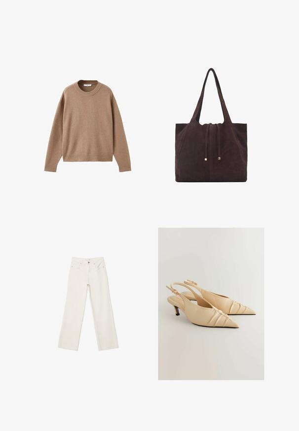 Maglione beige chiaro a maniche lunghe con scollo rotondo, dotato di polsini, orlo e scollatura a coste, presentato piegato su uno sfondo bianco.; Jeans bianchi a gamba larga in denim, con vita alta, tasche anteriori e chiusura con bottone. Design pulito e minimal con pochi dettagli.; Tacchi slingback in pelle beige con punta affusolata e dettaglio di texture arricciata. Presentano un tacco basso e una cintura regolabile alla caviglia.; Mango Shopping bag - dark brown